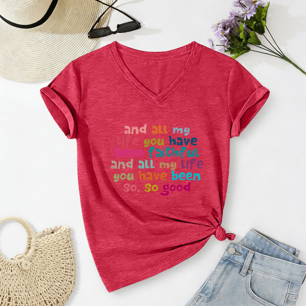 Christianartworkshop Und mein ganzes Leben lang warst du treu – Buntes T-Shirt mit Buchstabenprint und V-Ausschnitt - Rot - 2XL - image 14