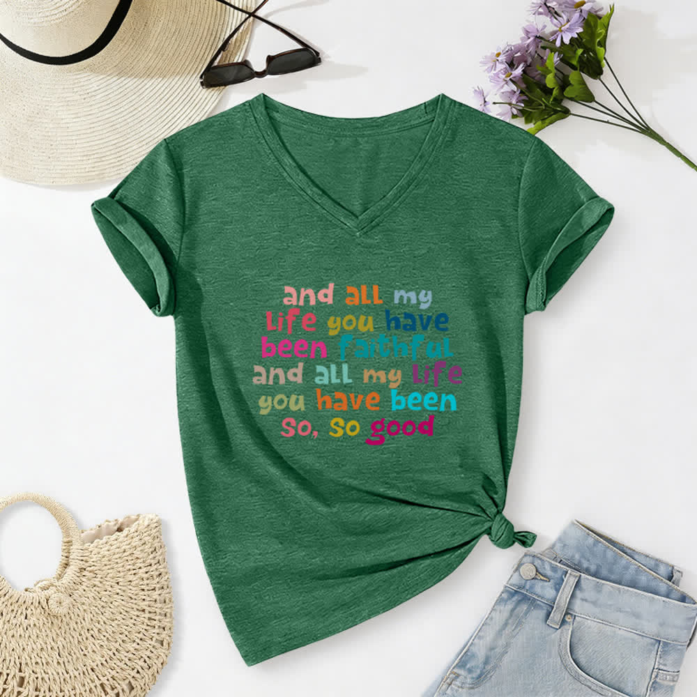 Christianartworkshop Und mein ganzes Leben lang warst du treu – Buntes T-Shirt mit Buchstabenprint und V-Ausschnitt - Dunkelgrün - 2XL - image 10