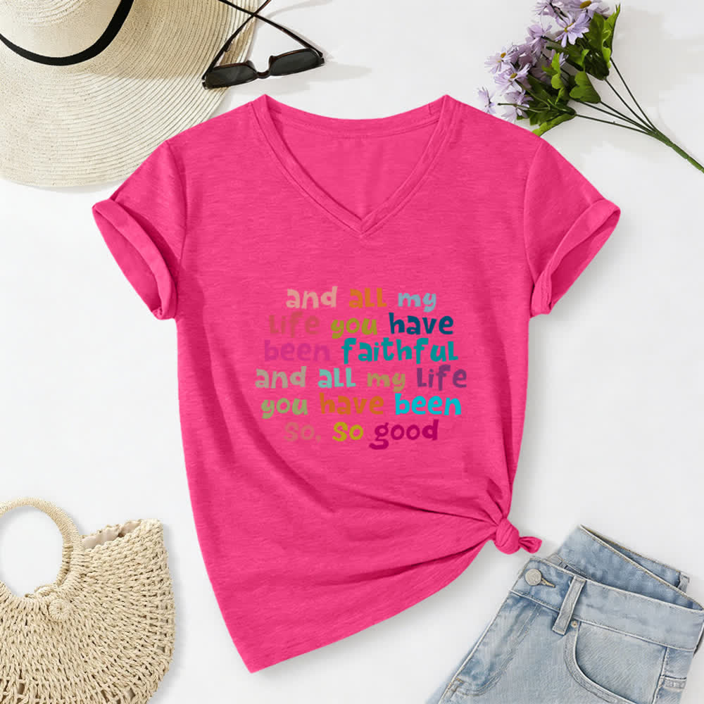 Christianartworkshop Und mein ganzes Leben lang warst du treu – Buntes T-Shirt mit Buchstabenprint und V-Ausschnitt - Rose - 2XL - image 22