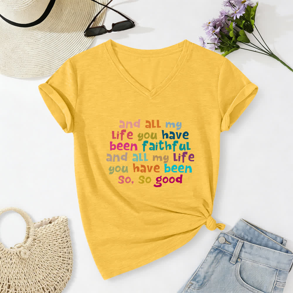 Christianartworkshop Und mein ganzes Leben lang warst du treu – Buntes T-Shirt mit Buchstabenprint und V-Ausschnitt - Gelb - 2XL - image 24