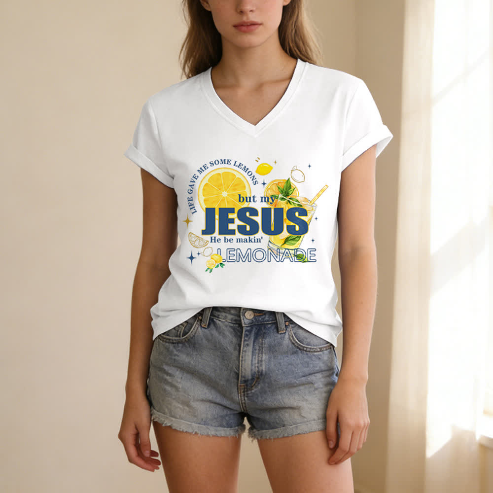 Christianartworkshop Das Leben gab mir Zitronen, aber mein Jesus macht Limonade daraus! Lässiges T-Shirt mit Zitronen-Grafikprint und V-Ausschnitt - image 5