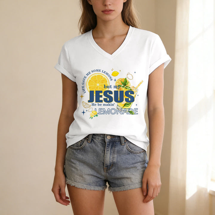 Christianartworkshop Das Leben gab mir Zitronen, aber mein Jesus macht Limonade daraus! Lässiges T-Shirt mit Zitronen-Grafikprint und V-Ausschnitt - image 5