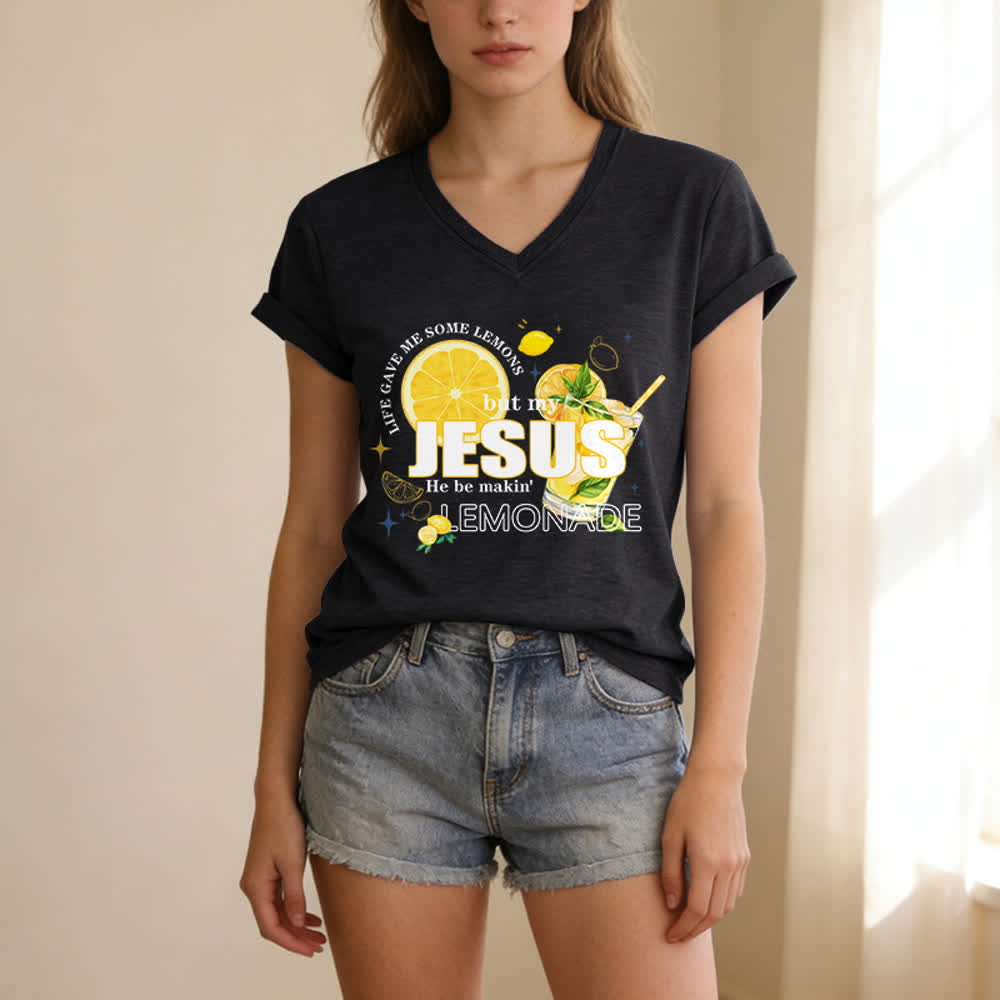 Christianartworkshop Das Leben gab mir Zitronen, aber mein Jesus macht Limonade daraus! Lässiges T-Shirt mit Zitronen-Grafikprint und V-Ausschnitt - image 15