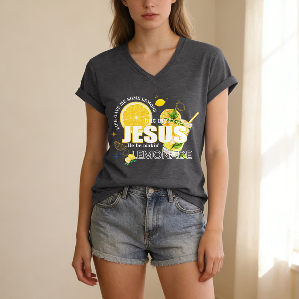 Christianartworkshop Das Leben gab mir Zitronen, aber mein Jesus macht Limonade daraus! Lässiges T-Shirt mit Zitronen-Grafikprint und V-Ausschnitt - image 7