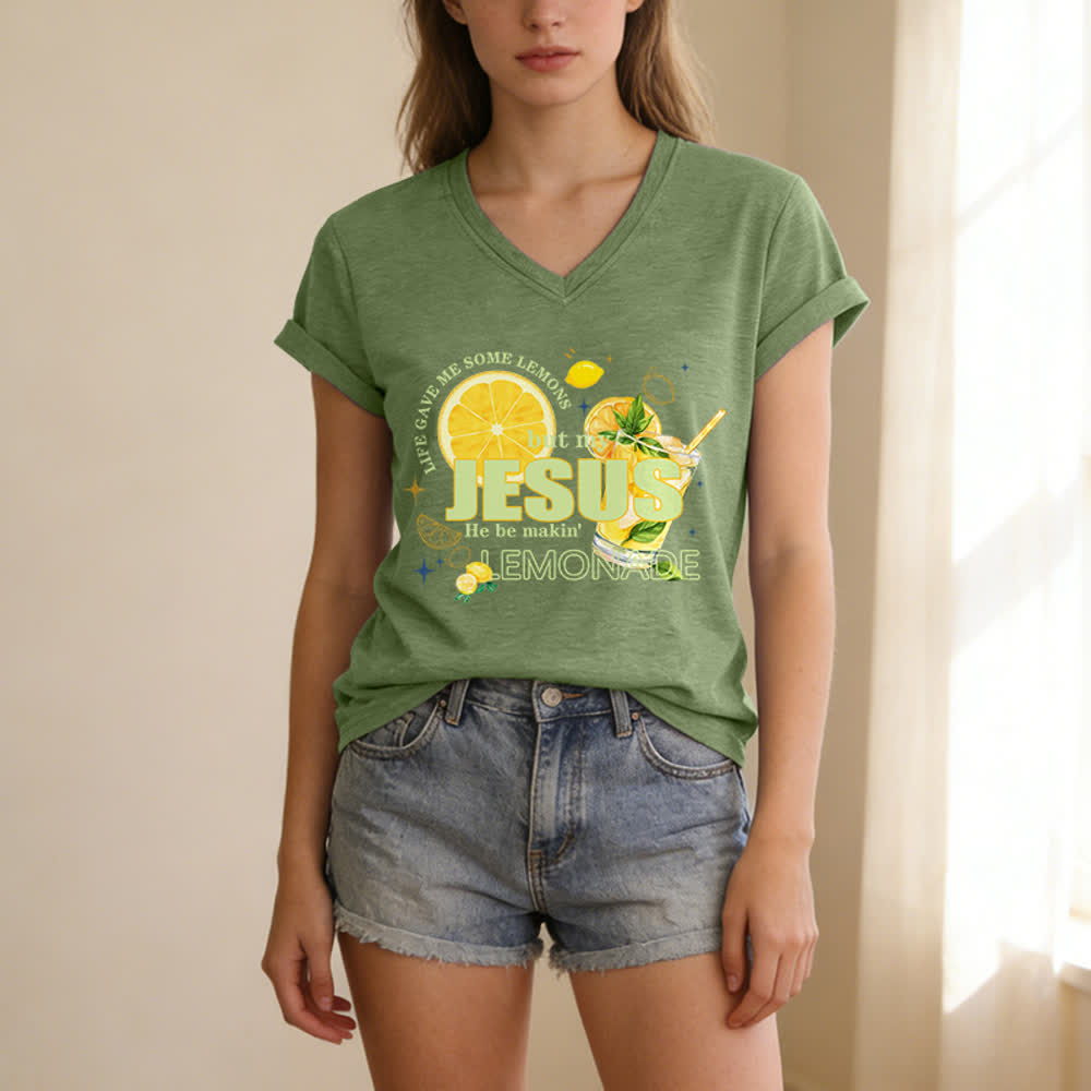 Christianartworkshop Das Leben gab mir Zitronen, aber mein Jesus macht Limonade daraus! Lässiges T-Shirt mit Zitronen-Grafikprint und V-Ausschnitt - image 9
