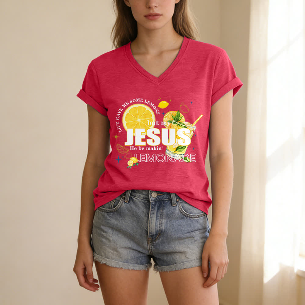 Christianartworkshop Das Leben gab mir Zitronen, aber mein Jesus macht Limonade daraus! Lässiges T-Shirt mit Zitronen-Grafikprint und V-Ausschnitt - image 17