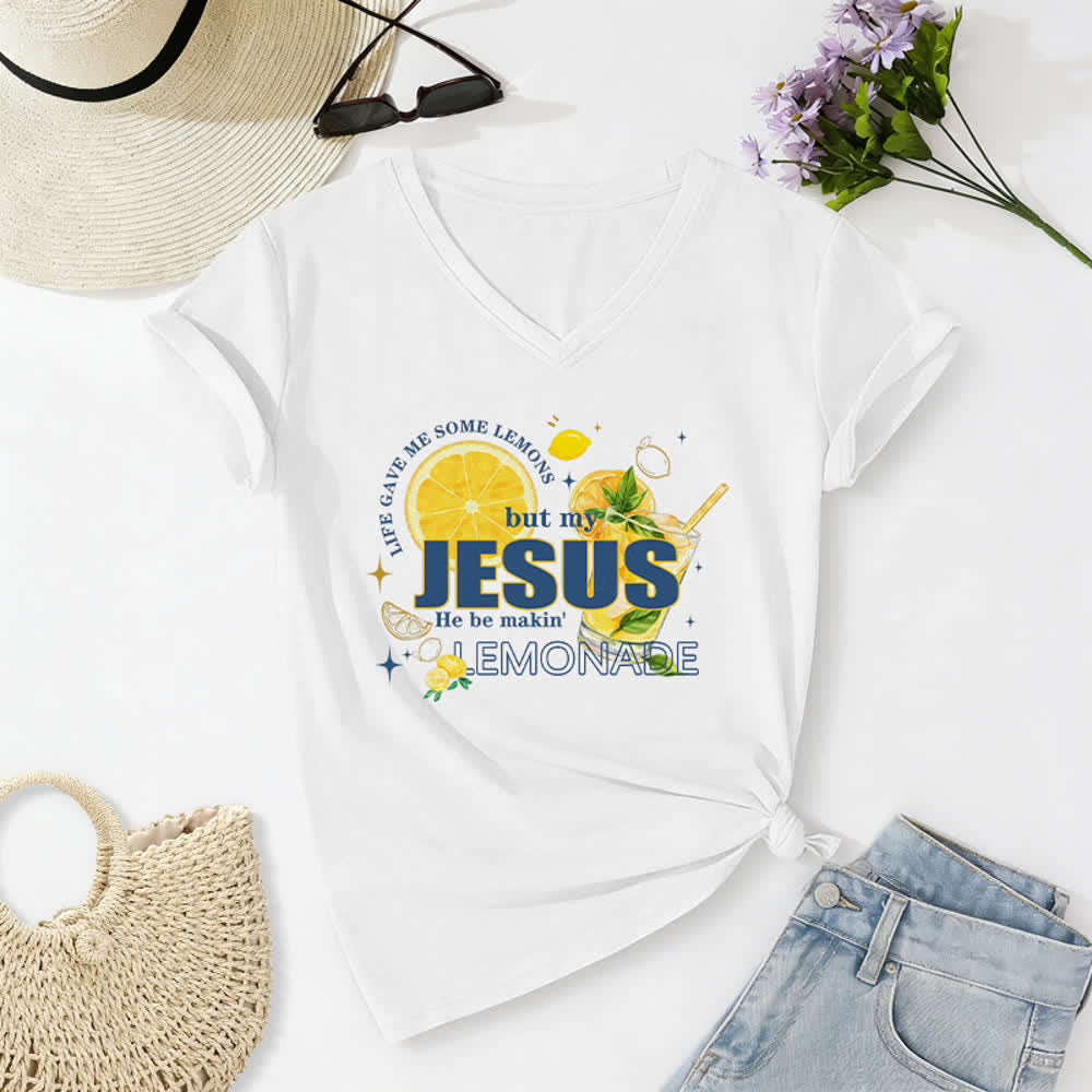 Christianartworkshop Das Leben gab mir Zitronen, aber mein Jesus macht Limonade daraus! Lässiges T-Shirt mit Zitronen-Grafikprint und V-Ausschnitt - Weiß - 2XL - image 4