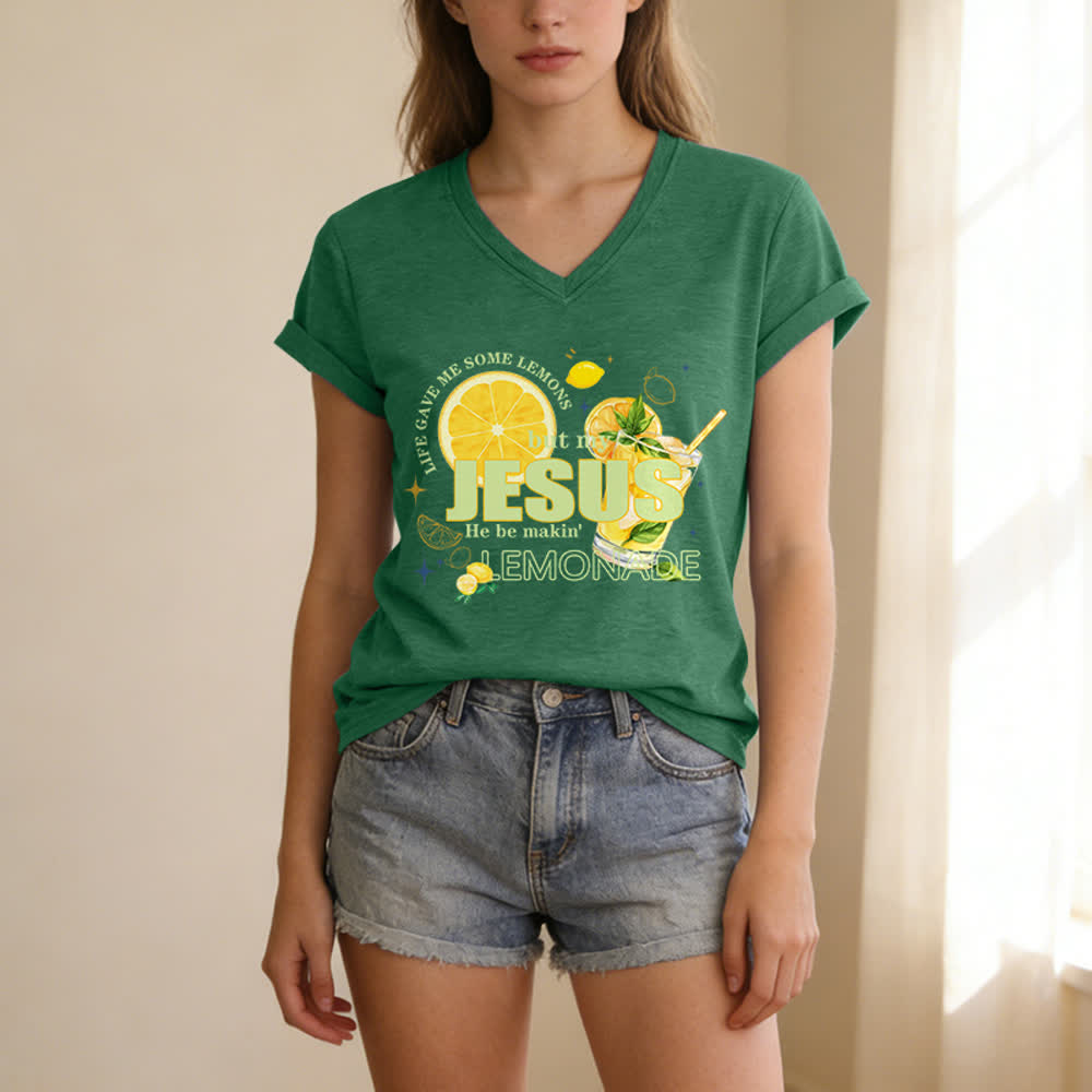 Christianartworkshop Das Leben gab mir Zitronen, aber mein Jesus macht Limonade daraus! Lässiges T-Shirt mit Zitronen-Grafikprint und V-Ausschnitt - image 13