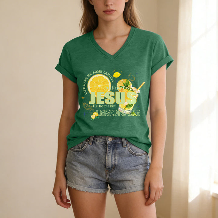 Christianartworkshop Das Leben gab mir Zitronen, aber mein Jesus macht Limonade daraus! Lässiges T-Shirt mit Zitronen-Grafikprint und V-Ausschnitt - image 13