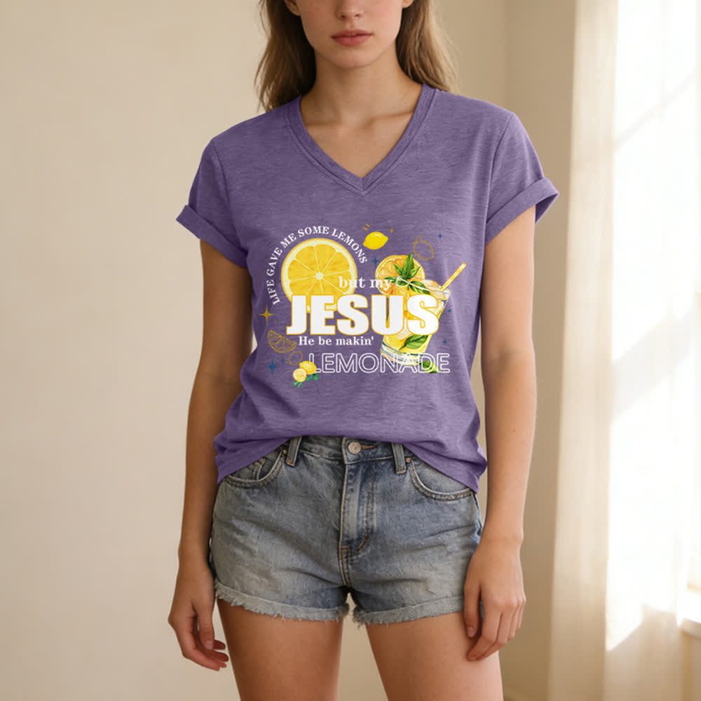 Christianartworkshop Das Leben gab mir Zitronen, aber mein Jesus macht Limonade daraus! Lässiges T-Shirt mit Zitronen-Grafikprint und V-Ausschnitt - image 19