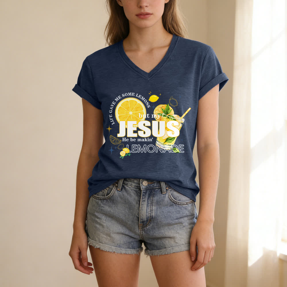 Christianartworkshop Das Leben gab mir Zitronen, aber mein Jesus macht Limonade daraus! Lässiges T-Shirt mit Zitronen-Grafikprint und V-Ausschnitt - image 11