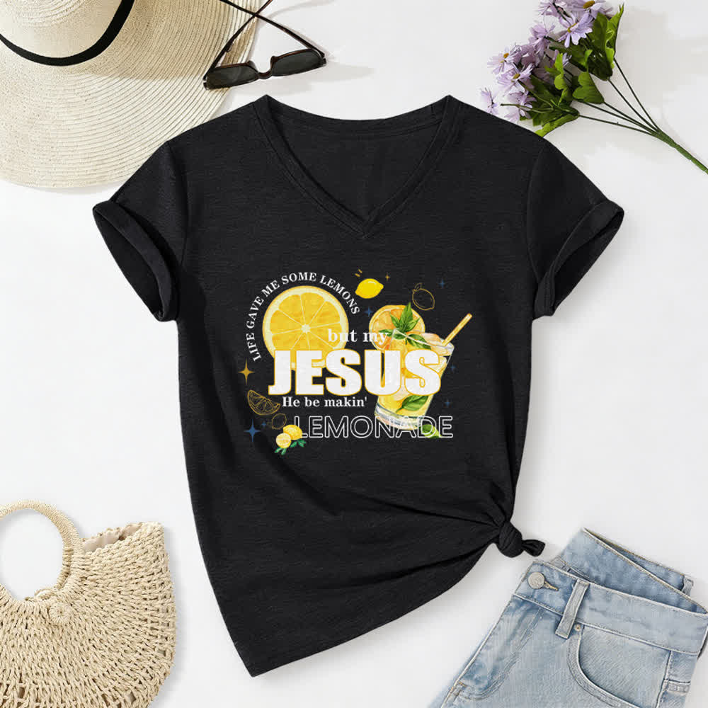 Christianartworkshop Das Leben gab mir Zitronen, aber mein Jesus macht Limonade daraus! Lässiges T-Shirt mit Zitronen-Grafikprint und V-Ausschnitt - Schwarz - 2XL - image 14