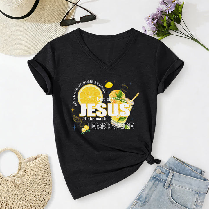 Christianartworkshop Das Leben gab mir Zitronen, aber mein Jesus macht Limonade daraus! Lässiges T-Shirt mit Zitronen-Grafikprint und V-Ausschnitt - Schwarz - 2XL - image 14
