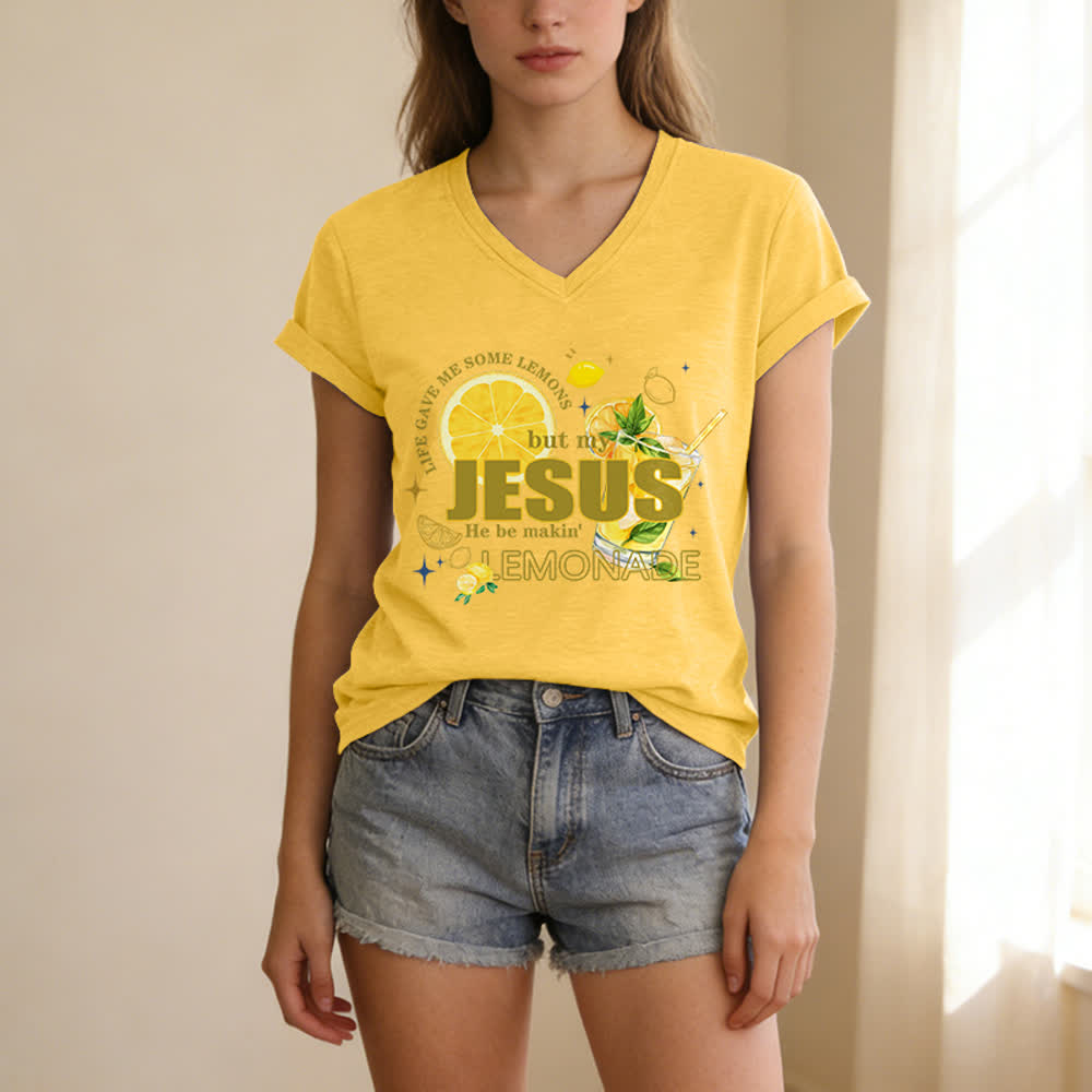 Christianartworkshop Das Leben gab mir Zitronen, aber mein Jesus macht Limonade daraus! Lässiges T-Shirt mit Zitronen-Grafikprint und V-Ausschnitt - image 25