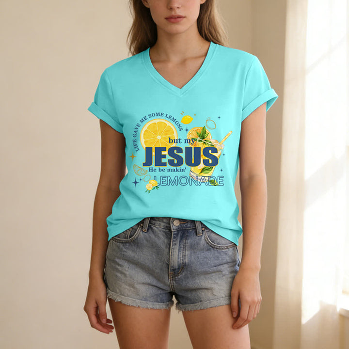 Christianartworkshop Das Leben gab mir Zitronen, aber mein Jesus macht Limonade daraus! Lässiges T-Shirt mit Zitronen-Grafikprint und V-Ausschnitt - image 21