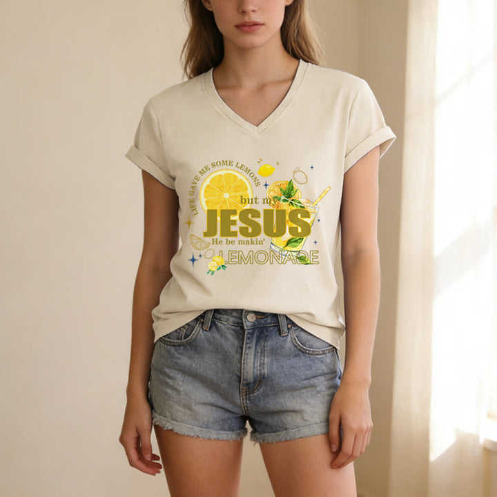 Christianartworkshop Das Leben gab mir Zitronen, aber mein Jesus macht Limonade daraus! Lässiges T-Shirt mit Zitronen-Grafikprint und V-Ausschnitt - image 3