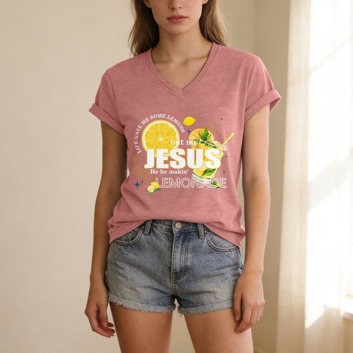 Christianartworkshop Das Leben gab mir Zitronen, aber mein Jesus macht Limonade daraus! Lässiges T-Shirt mit Zitronen-Grafikprint und V-Ausschnitt - image 1