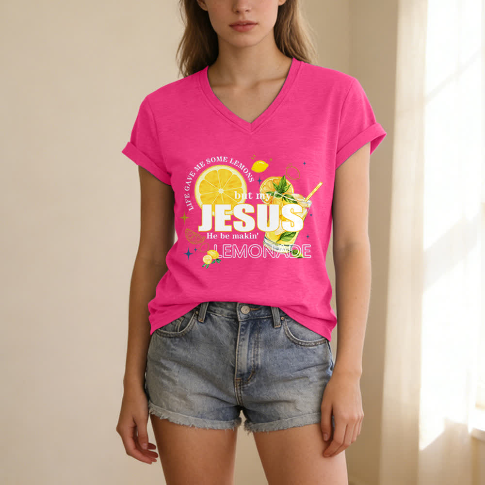 Christianartworkshop Das Leben gab mir Zitronen, aber mein Jesus macht Limonade daraus! Lässiges T-Shirt mit Zitronen-Grafikprint und V-Ausschnitt - image 23