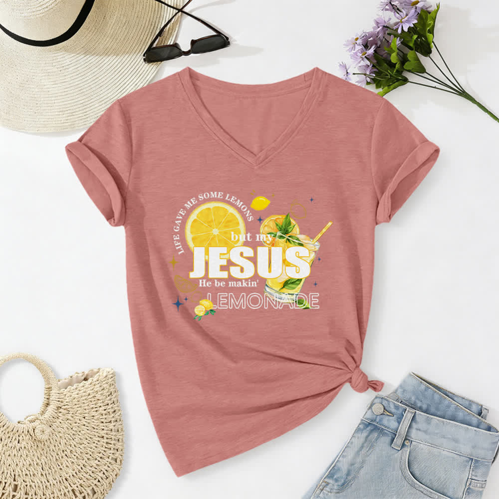 Christianartworkshop Das Leben gab mir Zitronen, aber mein Jesus macht Limonade daraus! Lässiges T-Shirt mit Zitronen-Grafikprint und V-Ausschnitt - Hellrosa - 2XL - image 0