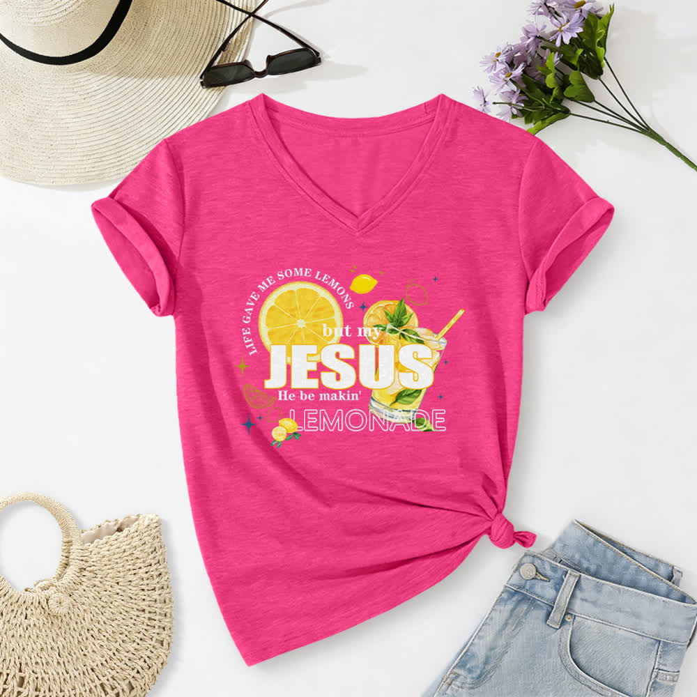 Christianartworkshop Das Leben gab mir Zitronen, aber mein Jesus macht Limonade daraus! Lässiges T-Shirt mit Zitronen-Grafikprint und V-Ausschnitt - Rose - 2XL - image 22
