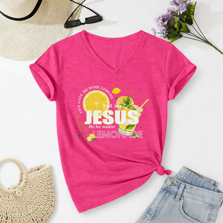 Christianartworkshop Das Leben gab mir Zitronen, aber mein Jesus macht Limonade daraus! Lässiges T-Shirt mit Zitronen-Grafikprint und V-Ausschnitt - Rose - 2XL - image 22