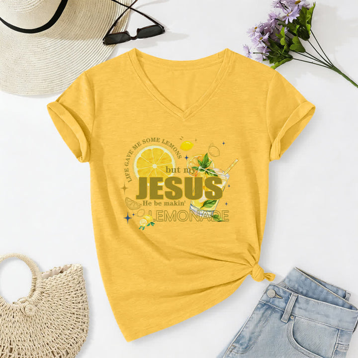 Christianartworkshop Das Leben gab mir Zitronen, aber mein Jesus macht Limonade daraus! Lässiges T-Shirt mit Zitronen-Grafikprint und V-Ausschnitt - Gelb - 2XL - image 24