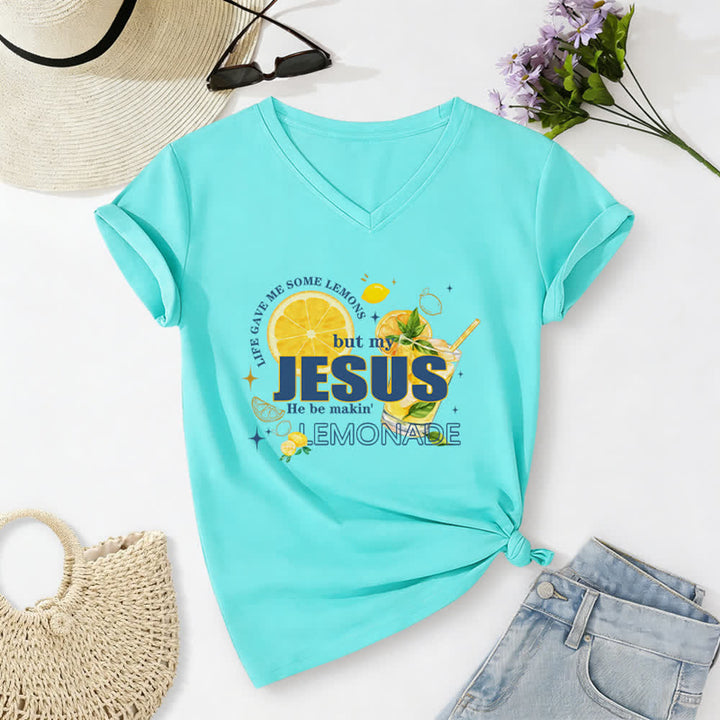 Christianartworkshop Das Leben gab mir Zitronen, aber mein Jesus macht Limonade daraus! Lässiges T-Shirt mit Zitronen-Grafikprint und V-Ausschnitt - Himmelblau - 2XL - image 20