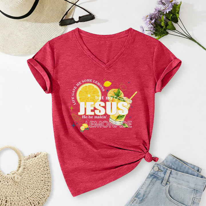 Christianartworkshop Das Leben gab mir Zitronen, aber mein Jesus macht Limonade daraus! Lässiges T-Shirt mit Zitronen-Grafikprint und V-Ausschnitt - Rot - 2XL - image 16
