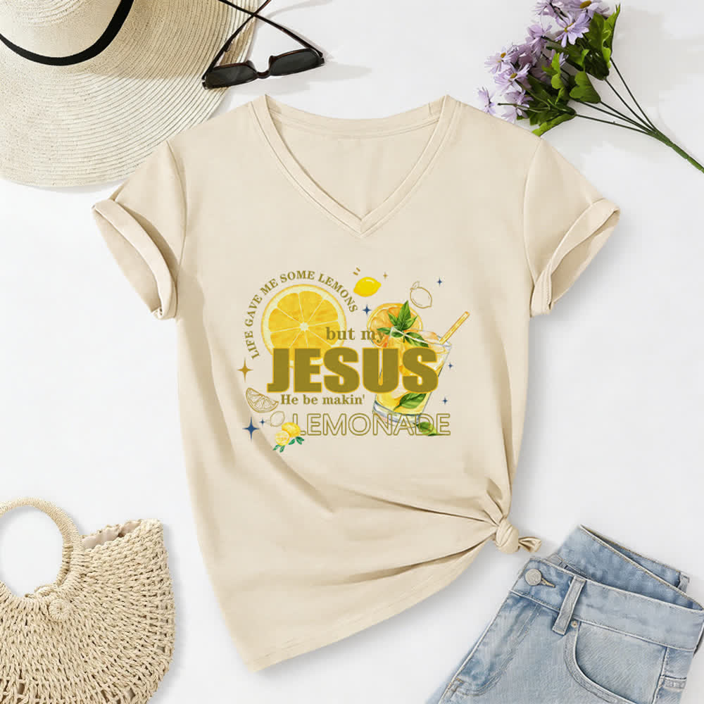 Christianartworkshop Das Leben gab mir Zitronen, aber mein Jesus macht Limonade daraus! Lässiges T-Shirt mit Zitronen-Grafikprint und V-Ausschnitt - Beige - 2XL - image 2