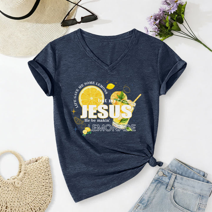 Christianartworkshop Das Leben gab mir Zitronen, aber mein Jesus macht Limonade daraus! Lässiges T-Shirt mit Zitronen-Grafikprint und V-Ausschnitt - Marineblau - 2XL - image 10