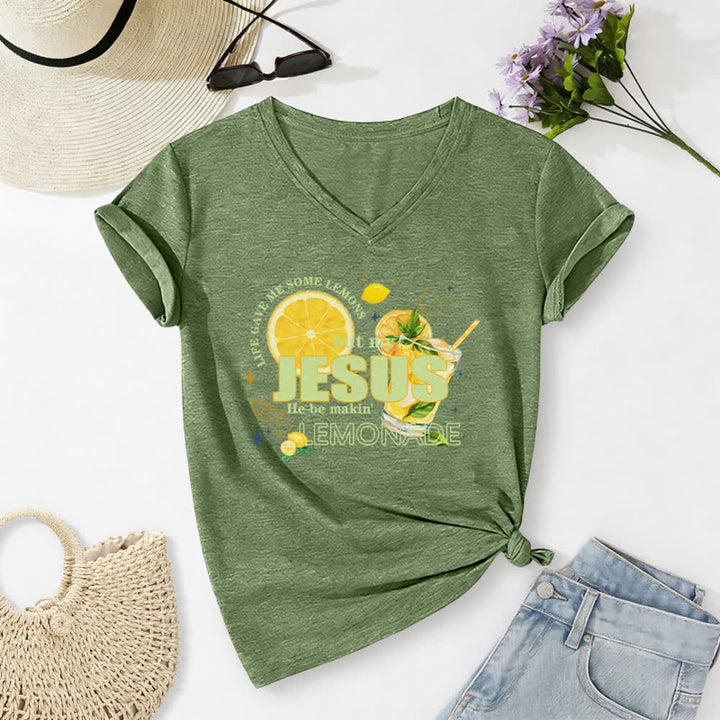 Christianartworkshop Das Leben gab mir Zitronen, aber mein Jesus macht Limonade daraus! Lässiges T-Shirt mit Zitronen-Grafikprint und V-Ausschnitt - Olivgrün - 2XL - image 8