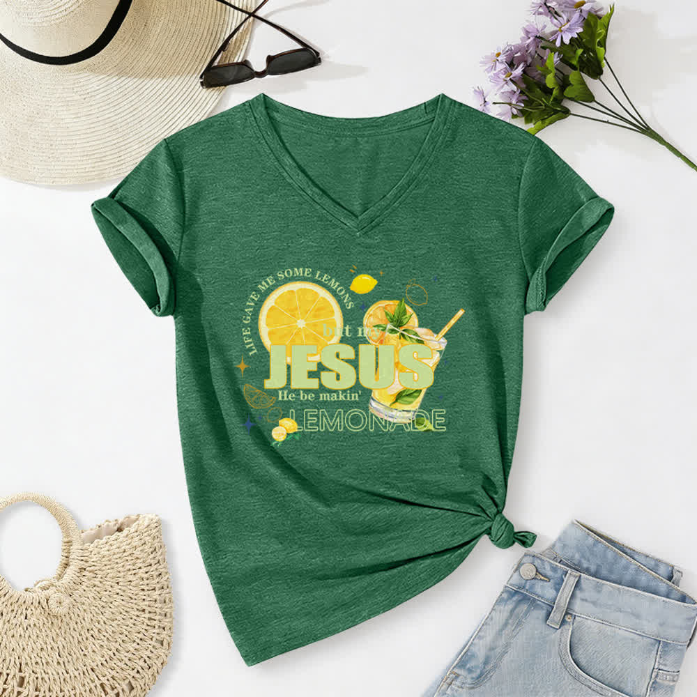 Christianartworkshop Das Leben gab mir Zitronen, aber mein Jesus macht Limonade daraus! Lässiges T-Shirt mit Zitronen-Grafikprint und V-Ausschnitt - Dunkelgrün - 2XL - image 12