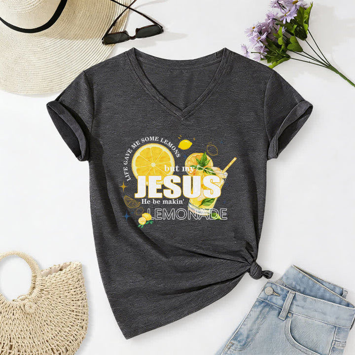 Christianartworkshop Das Leben gab mir Zitronen, aber mein Jesus macht Limonade daraus! Lässiges T-Shirt mit Zitronen-Grafikprint und V-Ausschnitt - Dunkelgrau - 2XL - image 6