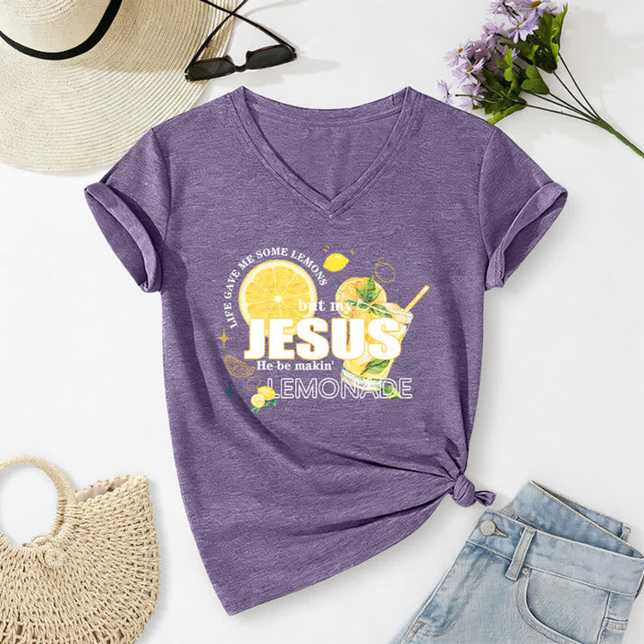 Christianartworkshop Das Leben gab mir Zitronen, aber mein Jesus macht Limonade daraus! Lässiges T-Shirt mit Zitronen-Grafikprint und V-Ausschnitt - Lila - 2XL - image 18