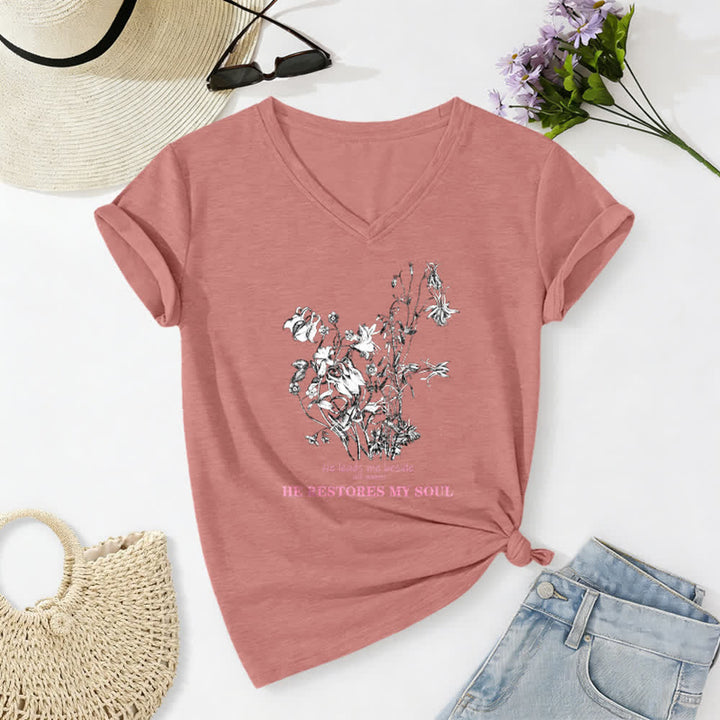 Christianartworkshop Er erquickt meine Seele – Beiges T-Shirt mit Blumenmuster und V-Ausschnitt - image 18
