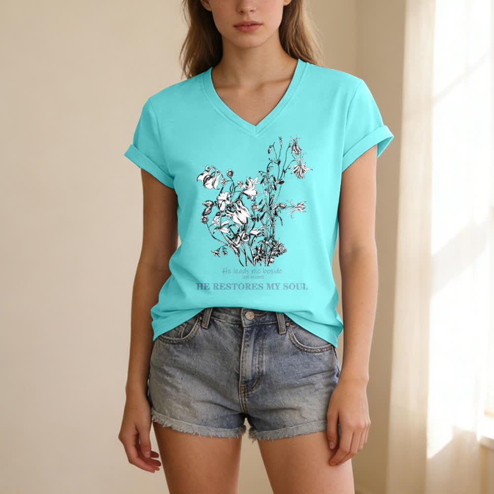 Christianartworkshop Er erquickt meine Seele – Beiges T-Shirt mit Blumenmuster und V-Ausschnitt - image 21