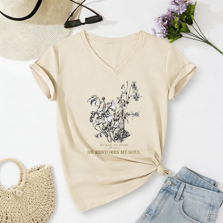 Christianartworkshop Er erquickt meine Seele – Beiges T-Shirt mit Blumenmuster und V-Ausschnitt - Beige - 2XL - image 0