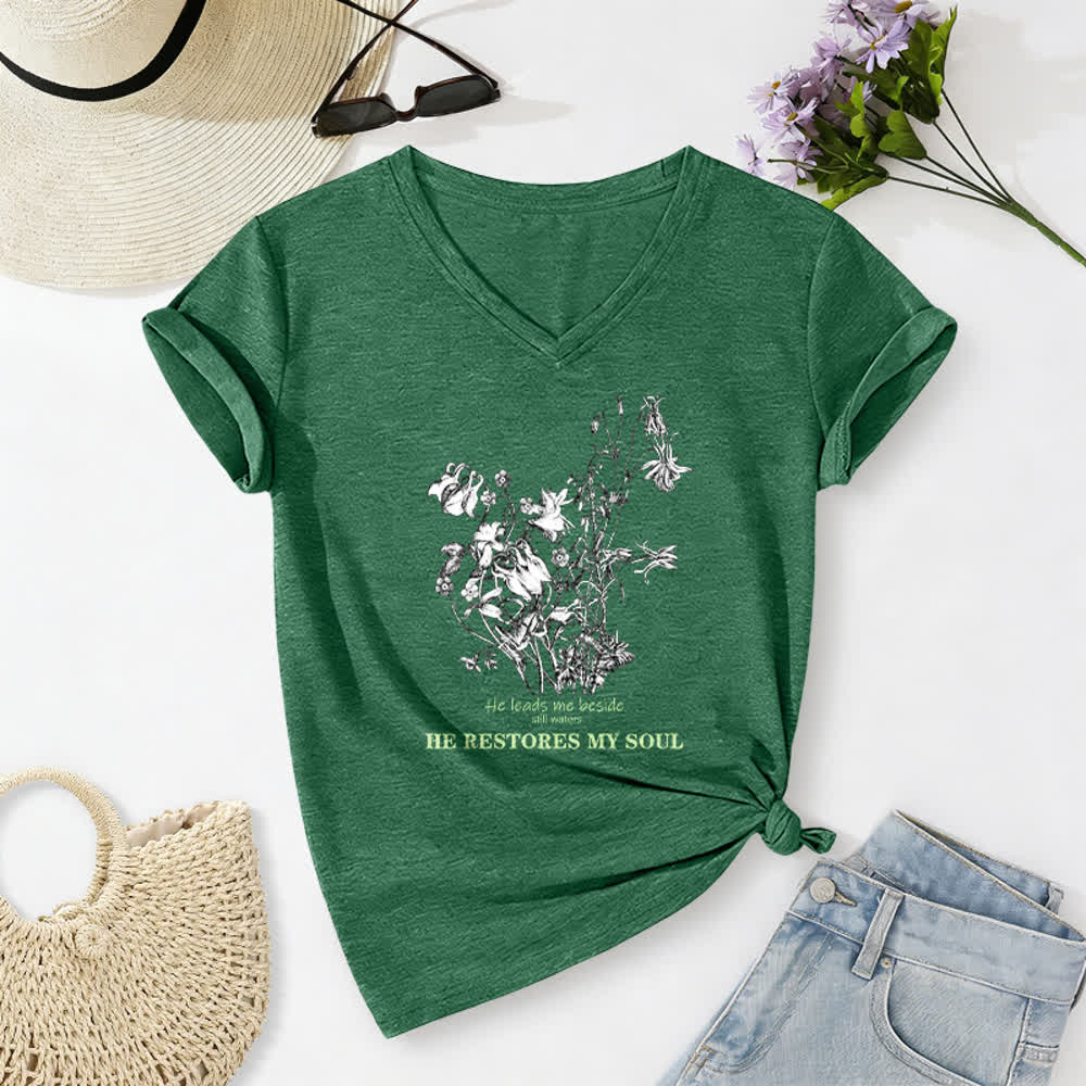 Christianartworkshop Er erquickt meine Seele – Beiges T-Shirt mit Blumenmuster und V-Ausschnitt - image 10