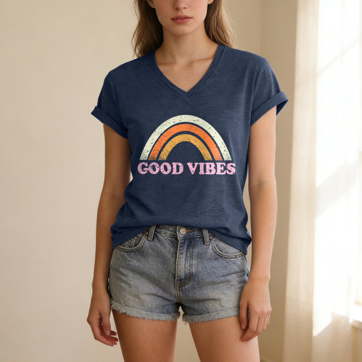 Christianartworkshop Good Vibes Retro Rainbow Heather Damen-T-Shirt mit V-Ausschnitt - image 11