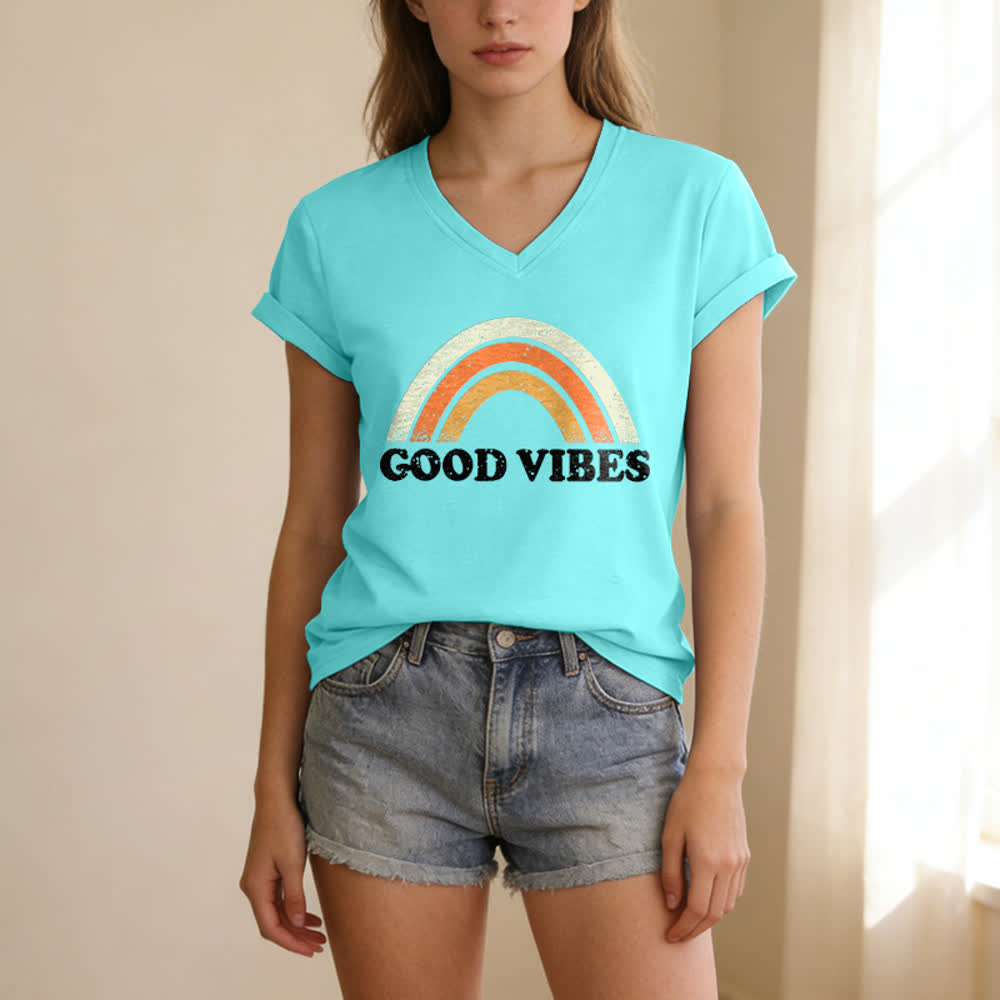 Christianartworkshop Good Vibes Retro Rainbow Heather Damen-T-Shirt mit V-Ausschnitt - image 20