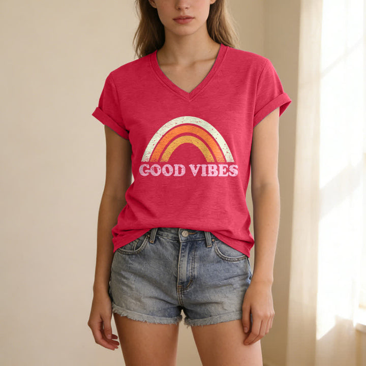 Christianartworkshop Good Vibes Retro Rainbow Heather Damen-T-Shirt mit V-Ausschnitt - image 17