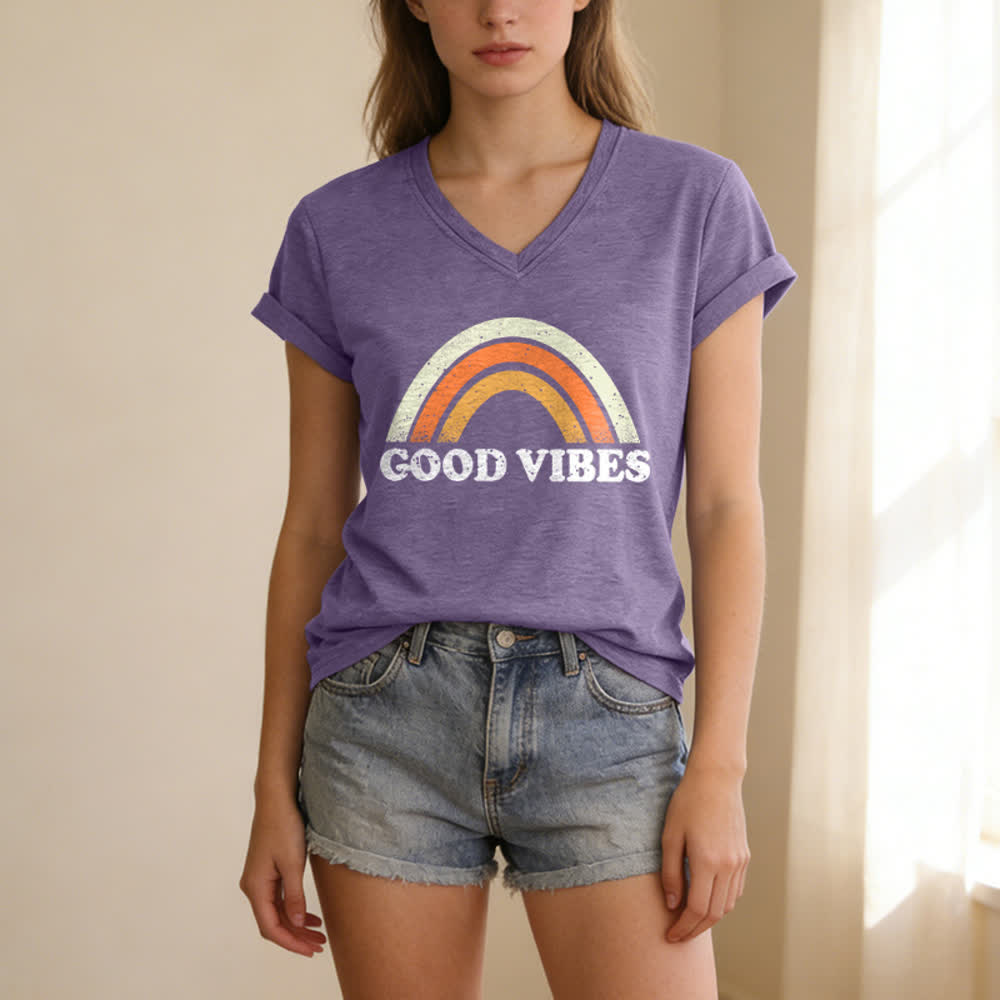 Christianartworkshop Good Vibes Retro Rainbow Heather Damen-T-Shirt mit V-Ausschnitt - image 1