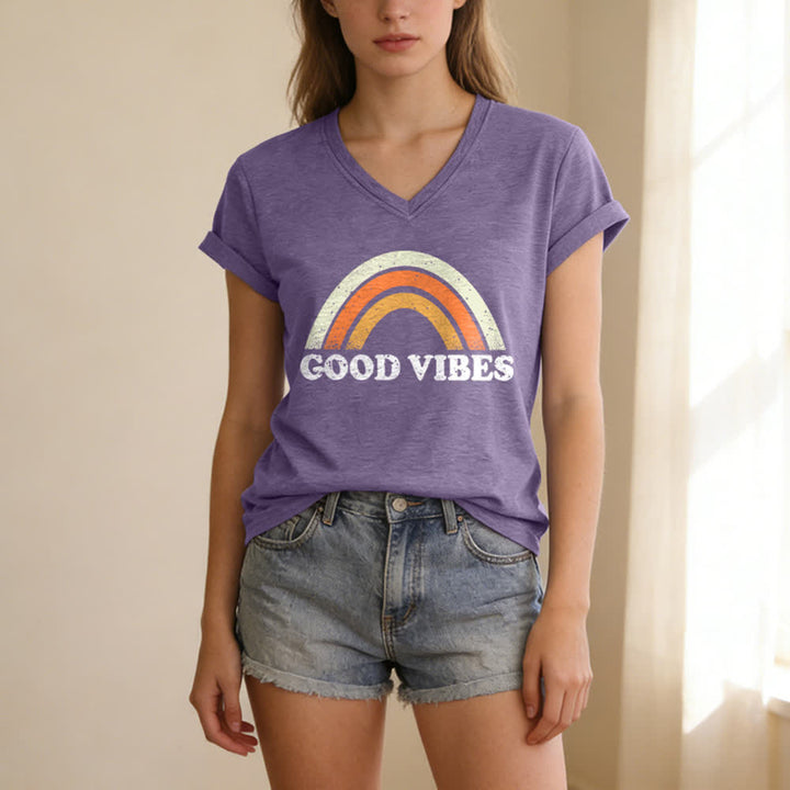 Christianartworkshop Good Vibes Retro Rainbow Heather Damen-T-Shirt mit V-Ausschnitt - image 1