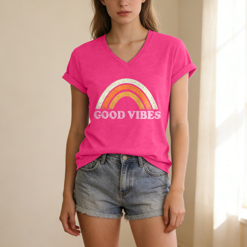 Christianartworkshop Good Vibes Retro Rainbow Heather Damen-T-Shirt mit V-Ausschnitt - image 25