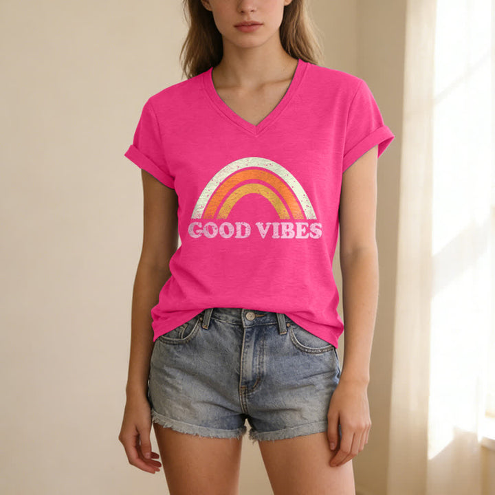 Christianartworkshop Good Vibes Retro Rainbow Heather Damen-T-Shirt mit V-Ausschnitt - image 25