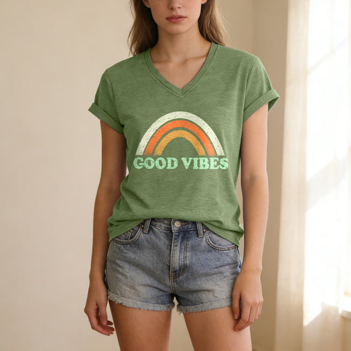 Christianartworkshop Good Vibes Retro Rainbow Heather Damen-T-Shirt mit V-Ausschnitt - Grün - 2XL - image 8