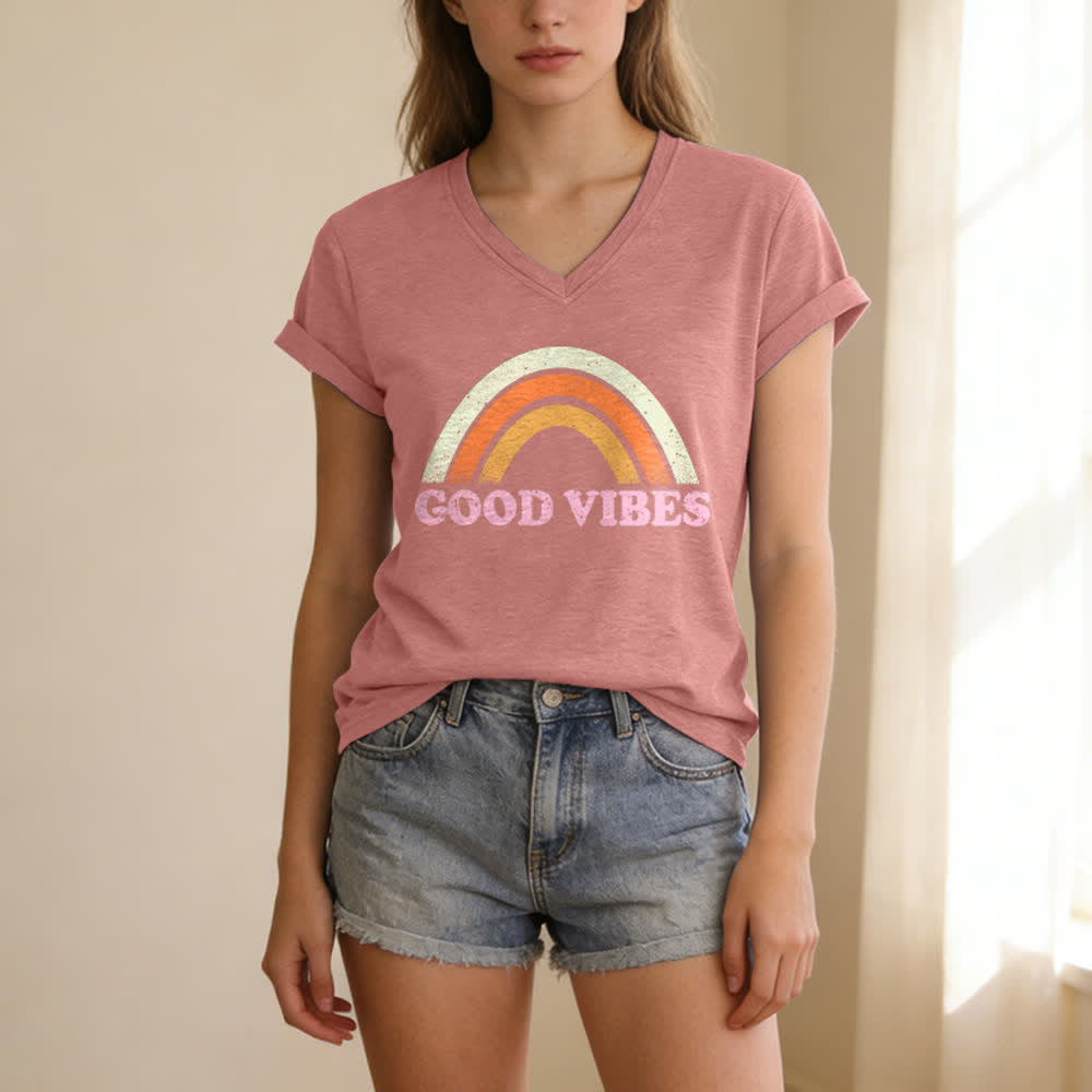 Christianartworkshop Good Vibes Retro Rainbow Heather Damen-T-Shirt mit V-Ausschnitt - image 21