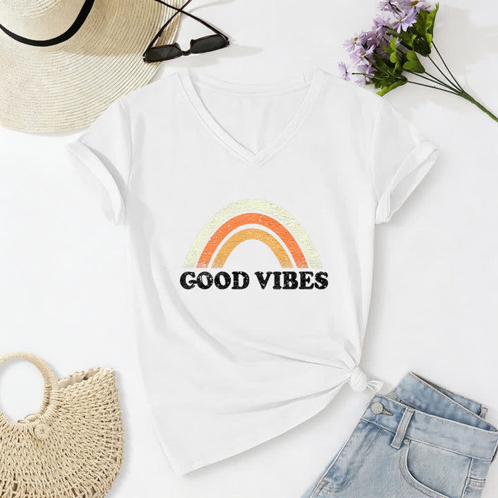 Christianartworkshop Good Vibes Retro Rainbow Heather Damen-T-Shirt mit V-Ausschnitt - Weiß - 2XL - image 4