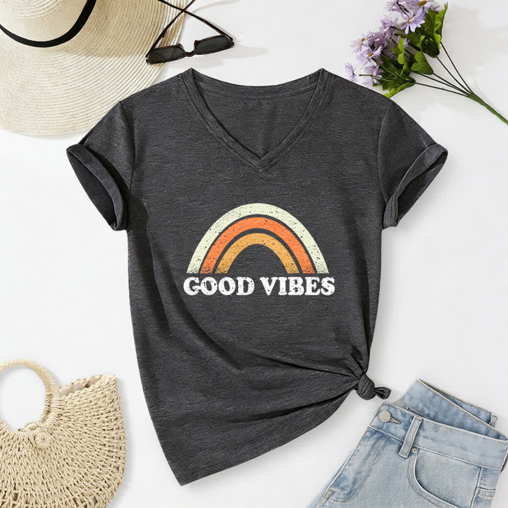 Christianartworkshop Good Vibes Retro Rainbow Heather Damen-T-Shirt mit V-Ausschnitt - Grau - 2XL - image 6
