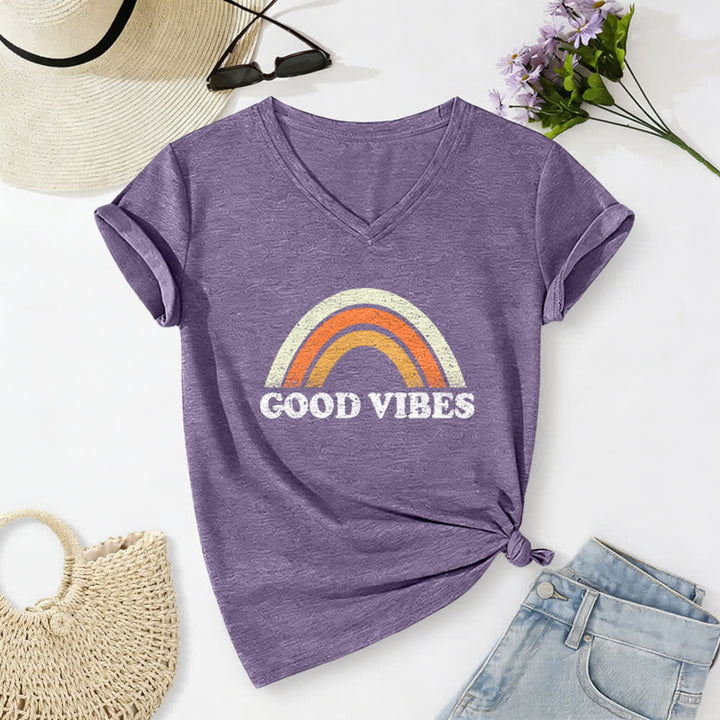 Christianartworkshop Good Vibes Retro Rainbow Heather Damen-T-Shirt mit V-Ausschnitt - Lila - 2XL - image 0